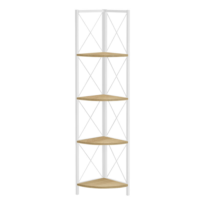 Monarch Specialties I 3652 Bookshelf, Bookcase, Etagere, Corner, 4 Tier, 60"H, Office, Bedroom, Metal, Laminate, Natural, White, Contemporary, Modern