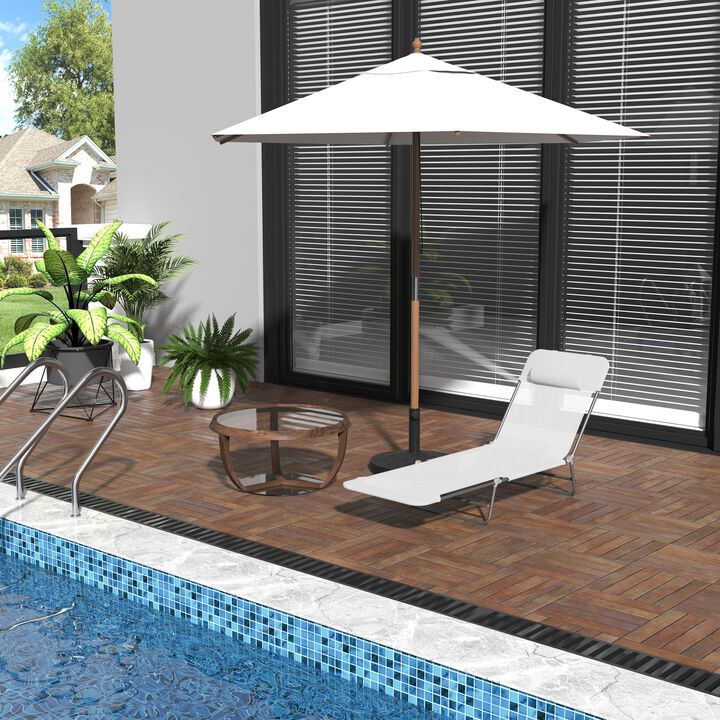 Portable Sun Lounger, Lightweight Folding Chaise Lounge Chair w/ Adjustable Backrest & Pillow for Beach, Poolside and Patio, White & Black