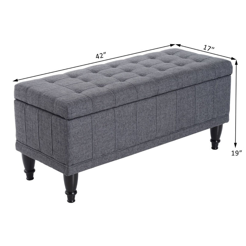 Large 42" Tufted Linen Fabric Ottoman Storage Bench With Soft Close Lid for Living Room, Entryway, or Bedroom, Dark Heather Grey