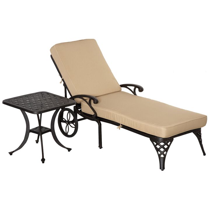 Outdoor Foldable Lounge Chair and Side Table Set with Adjustable Backrest and Wheels, Aluminum Chaise Lounger Sun Lounger for Yard, Beige