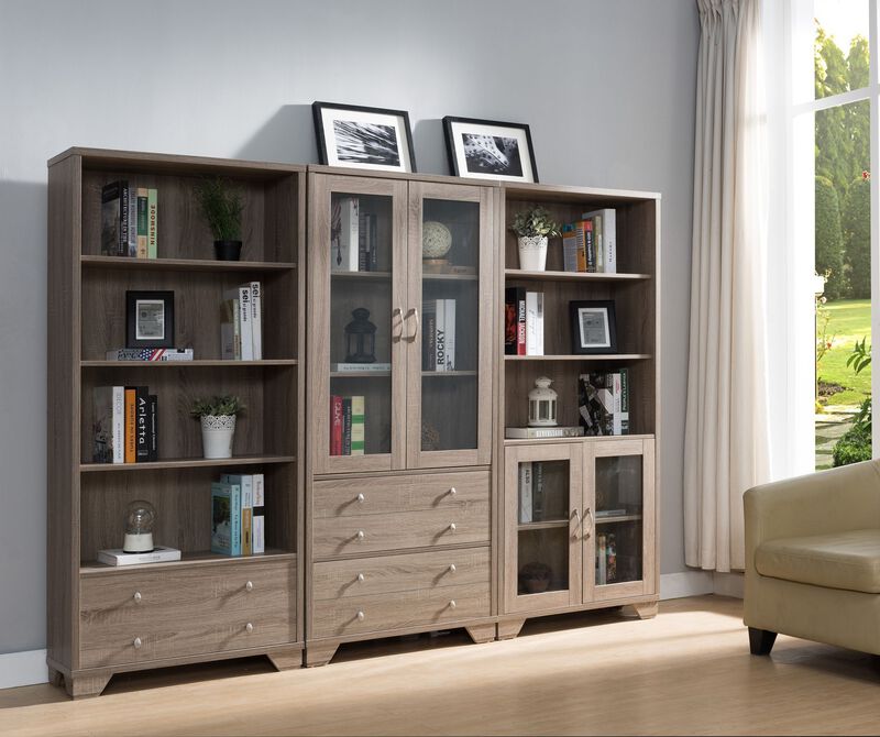 Dark Taupe Bookcase Cabinet with 4 Shelves & 2 Drawers