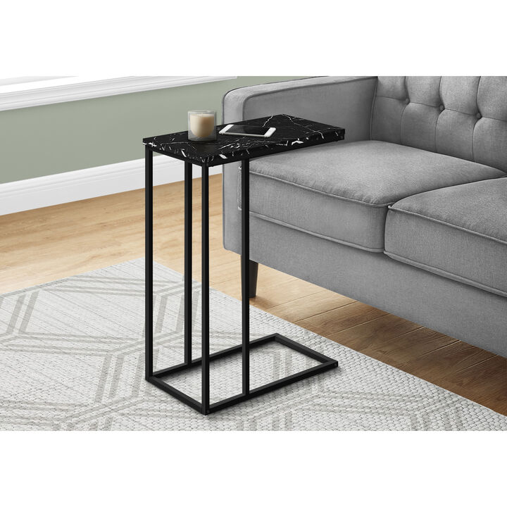 Monarch Specialties I 3763 Accent Table, C-shaped, End, Side, Snack, Living Room, Bedroom, Metal, Laminate, Black Marble Look, Contemporary, Modern