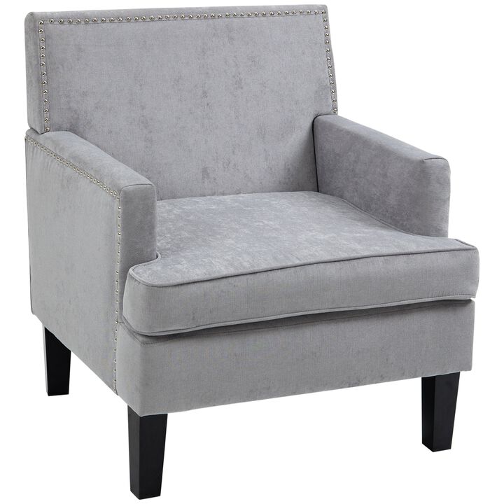 Modern Accent Chair, Upholstered Living Room Chair with Solid Wood Legs and Nailhead Trim, Armchair for Living Room, Bedroom, Home Office, Light Gray