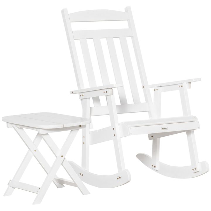 Wooden Outdoor Rocking Chair, 2-Piece Porch Rocker Set with Foldable Table for Patio, Backyard and Garden, White