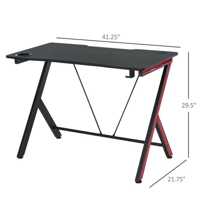 41 inch Gaming Computer Desk, Home Office Gamer Table Workstation with Cup Holder, Headphone Hook, Cable Management, Carbon Fiber Surface