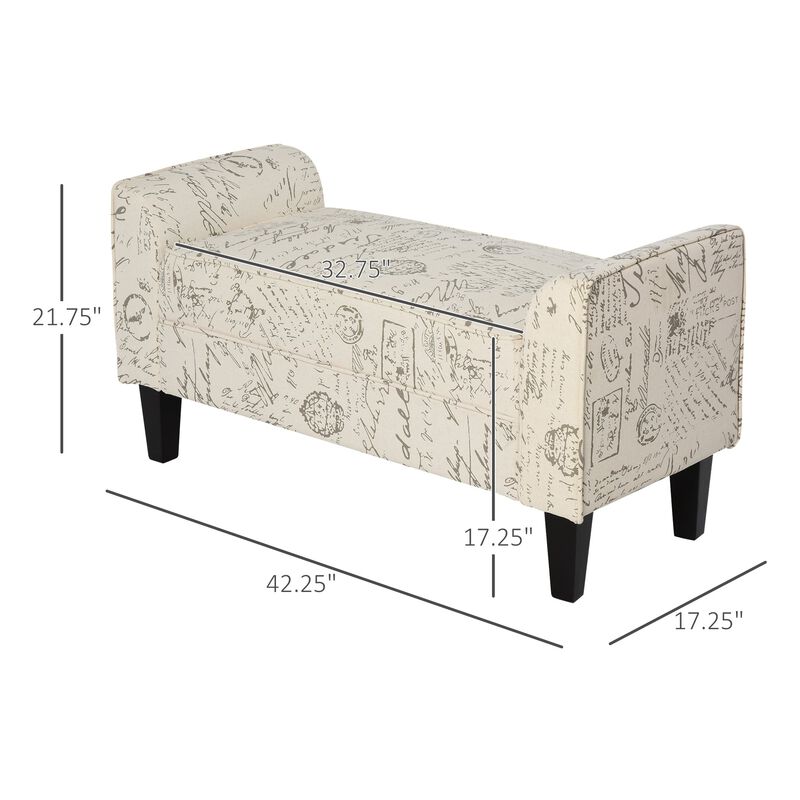 Bedroom Bench, End of Bed Bench with Solid Wood Legs, Linen Fabric Cover and scripted upholstery, Modern Bed Bench, Signature Print