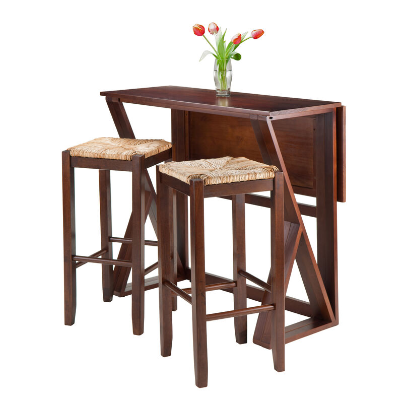 Winsome 3-Piece Harrington Drop Leaf High Table with 2 Rush Seat Stools, 29-Inch, Brown
