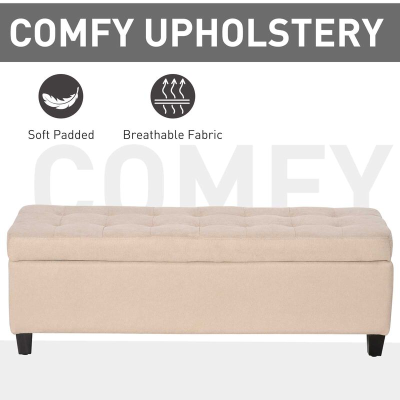 49" Large Tufted Linen Fabric Ottoman Storage Bench With Soft Close Top for Living Room, Entryway, or Bedroom, Beige