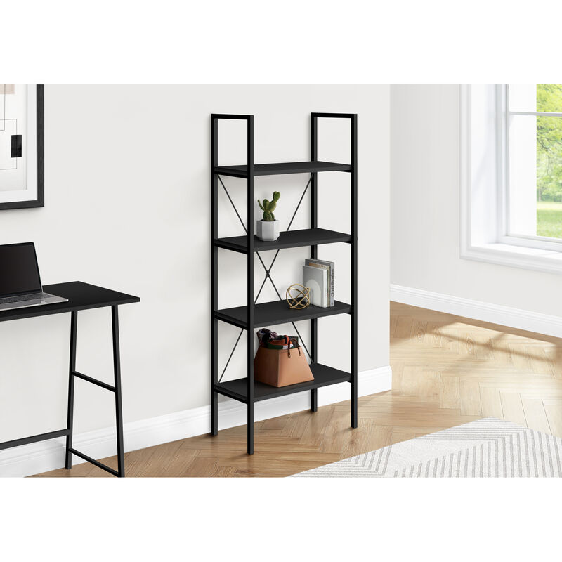Monarch Specialties I 7802 Bookshelf, Bookcase, 4 Tier, 48"H, Office, Bedroom, Metal, Laminate, Black, Contemporary, Modern