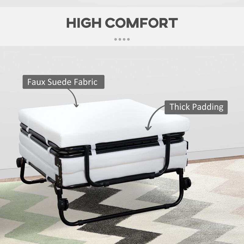 Portable Folding Bed, Single Guest Bed Convertible Sleeper Ottoman with Wheels, Mattress for Bedroom & Office, White