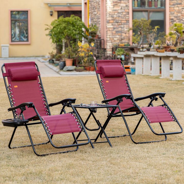 Zero Gravity Lounger Chair Set of 3, Folding Reclining Patio Chair with Side Table, Cup Holder and Headrest for Poolside, Camping, Grey