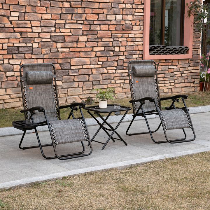 Zero Gravity Lounger Chair Set of 3, Folding Reclining Patio Chair with Side Table, Cup Holder and Headrest for Poolside, Camping, Grey