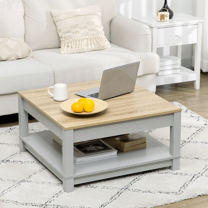 Coffee Table with Storage Shelf, Square Center Table with Thick Tabletop for Living Room, Natural and Gray
