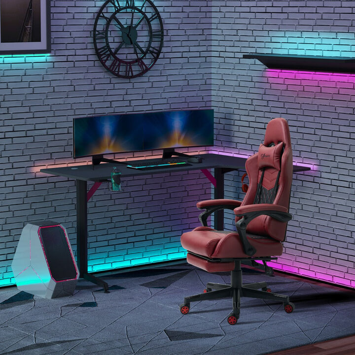 Gaming Chair with Swivel Wheel, Computer Chair with PU Leather, Retractable Footrest, Racing Gaming Chair, Red