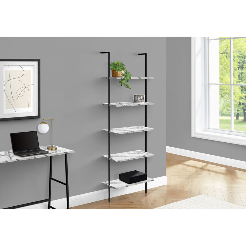 Monarch Specialties I 3685 Bookshelf, Bookcase, Etagere, Ladder, 5 Tier, 72"H, Office, Bedroom, Metal, Laminate, White Marble Look, Black, Contemporary, Modern