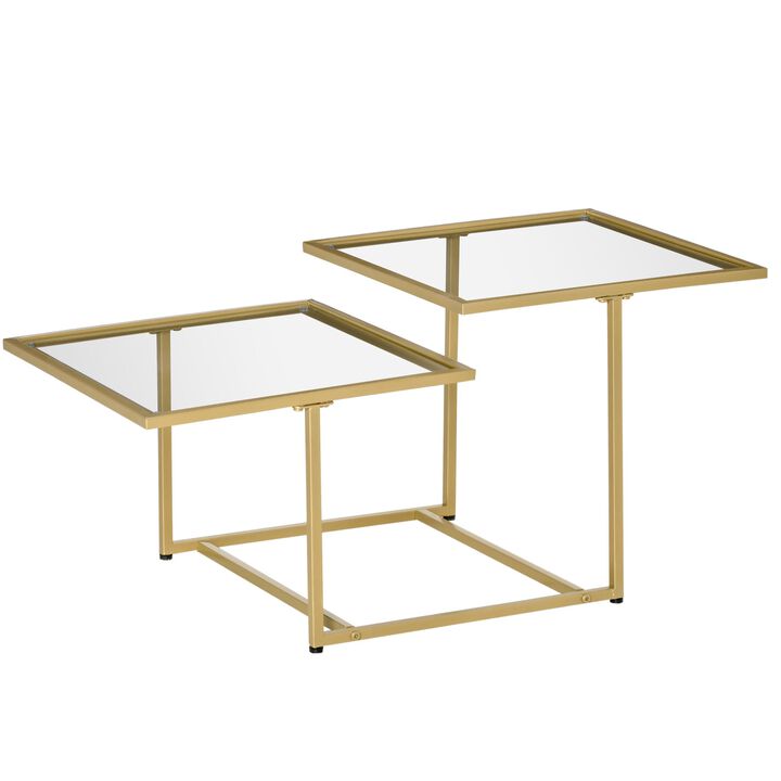 Gold Side Table Small Coffee Table Glass Coffee Table with Double Tabletops, Tempered Glass and Metal Framework for Living Room, Gold/Clear