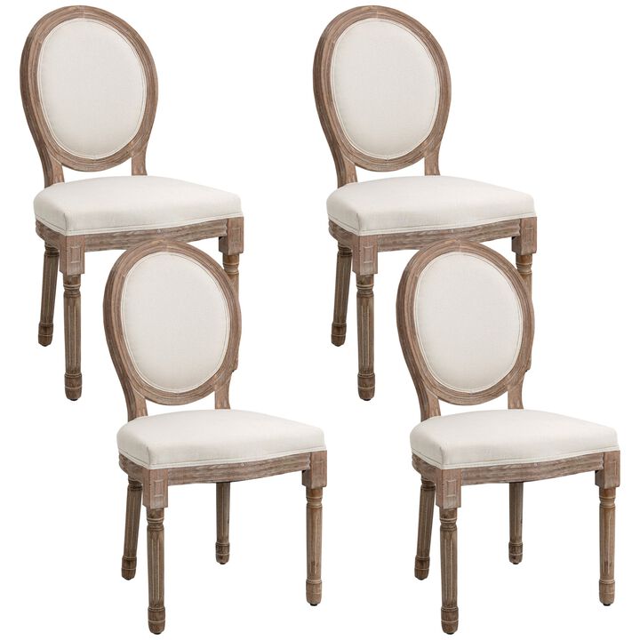 Vintage Armless Dining Chairs Set of 4, French Chic Side Chairs with Curved Backrest and Linen Upholstery for Kitchen, Living Room, Cream White