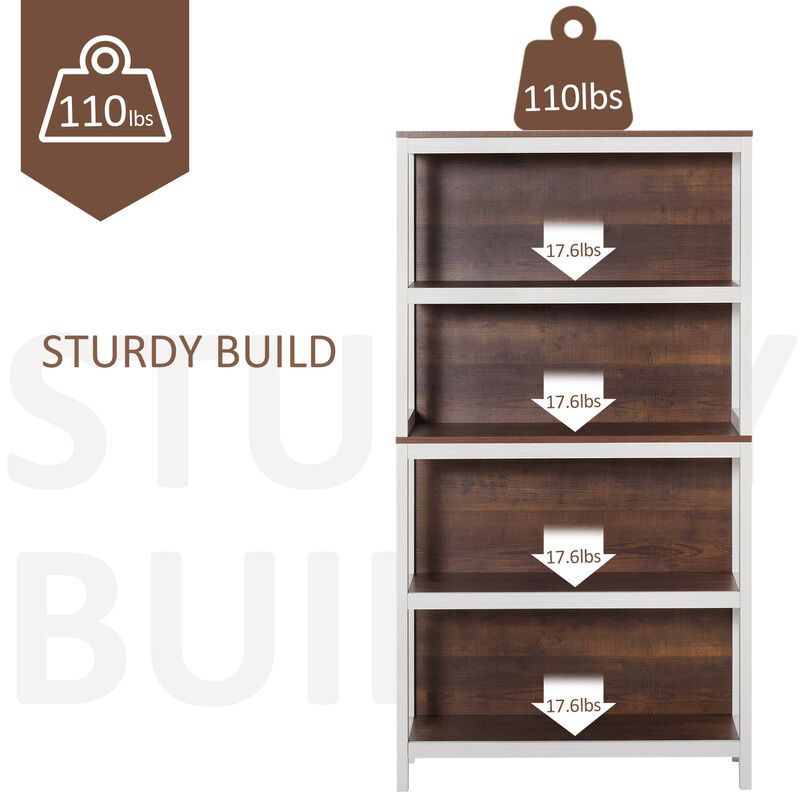 Modern 4 Tier Bookshelf Bookcase Utility Storage Shelf Organizer for Home Study Office with Display Rack  White/Walnut