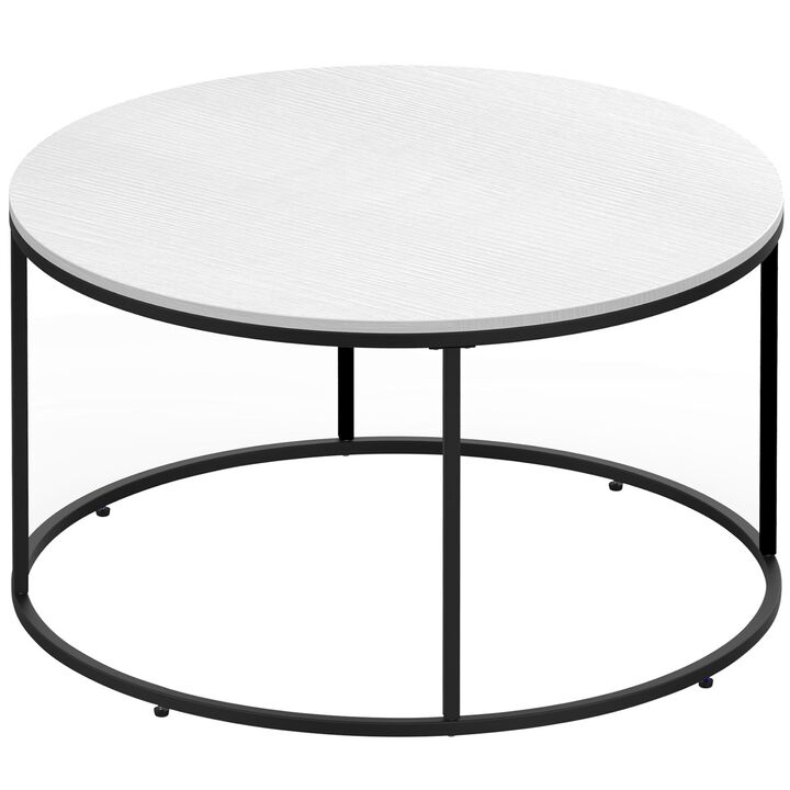 Modern Coffee Table, Round Center Table with Black Metal Frame for Living Room, White