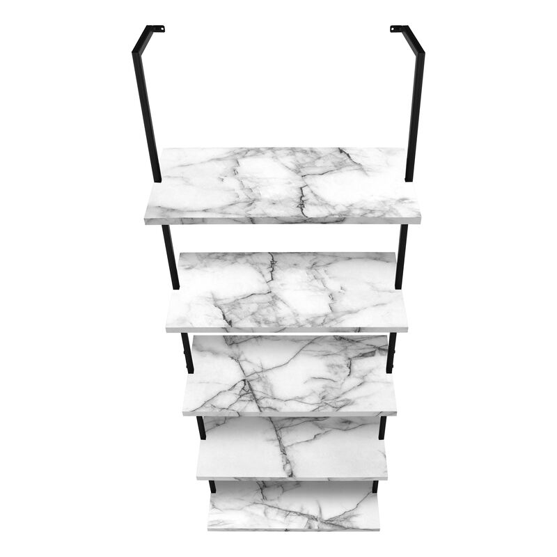 Monarch Specialties I 3685 Bookshelf, Bookcase, Etagere, Ladder, 5 Tier, 72"H, Office, Bedroom, Metal, Laminate, White Marble Look, Black, Contemporary, Modern