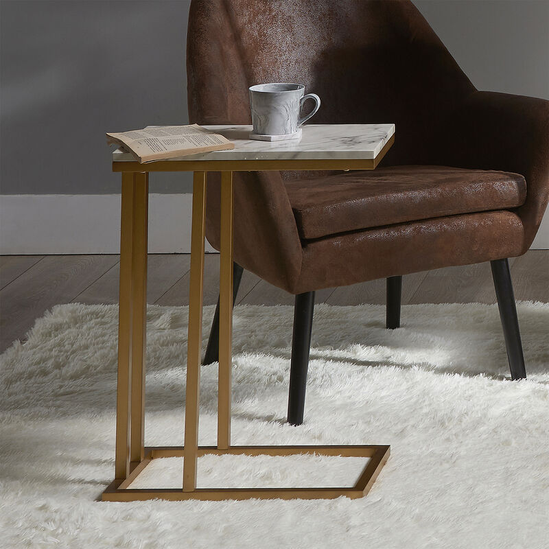 Teamson Home Marmo Modern Marble-Look C Shape Side Table, Faux Marble/Brass