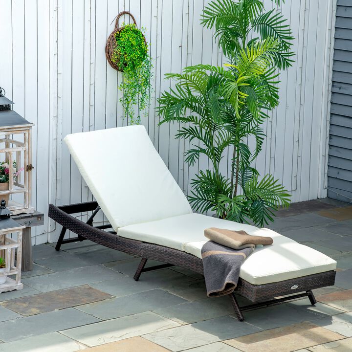 Patio Chaise Lounge, Pool Chair with 5 Position Adjustable Backrest & Cushion, Outdoor PE Rattan Wicker Sun Tanning Seat, White