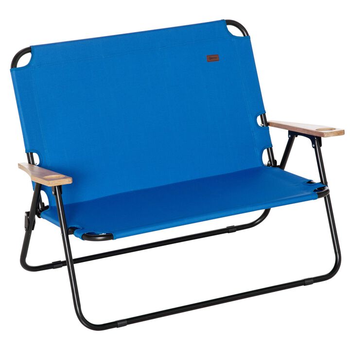 Portable Folding Double Camping Chair Cup Holder, Loveseat for 2 Person, Outdoor Chair with Wood Armrest Beach Travel, Blue