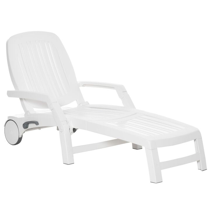 Outdoor Folding Chaise Lounge Chair on Wheels, Patio Sun Lounger Recliner with Storage Box & 5-Position Backrest for Garden, Beach, White