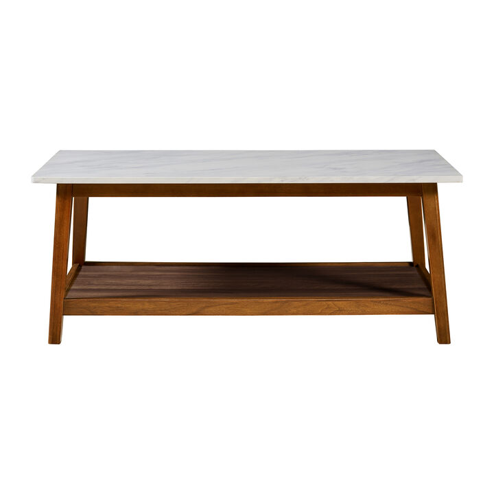 Teamson Home Kingston Wooden Coffee Table with Storage and Marble-Look Top, Faux Marble/Walnut