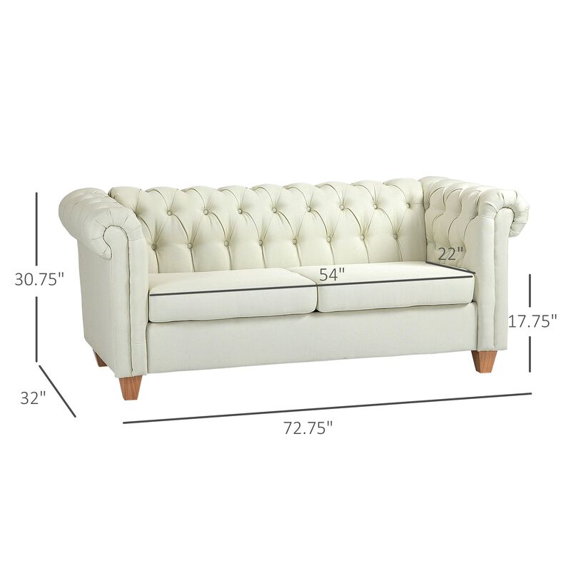 2-Seater Oversize Loveseat Linen Fabric Sofa Couch 73 Inches with Rubberwood Legs & Rolled Arms for Living Room, Cream White