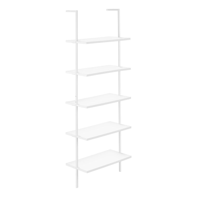 Monarch Specialties I 3687 Bookshelf, Bookcase, Etagere, Ladder, 5 Tier, 72"H, Office, Bedroom, Metal, Laminate, White, Contemporary, Modern