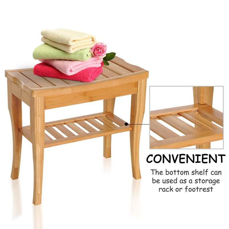 Long Bamboo Shower Bench Seat, 20" Wooden Spa Shower Stool with Underneath Storage Shelf Shoe Organizer