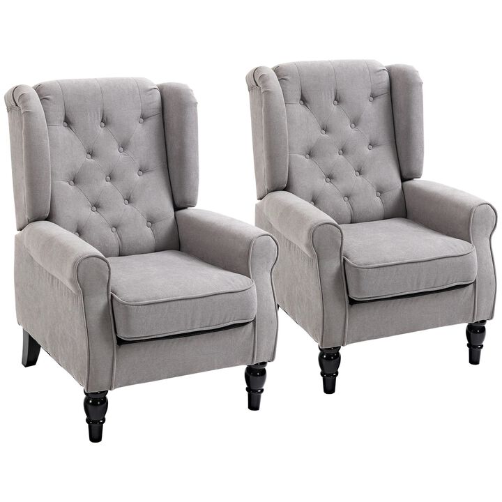 Button-Tufted Accent Chair with High Wingback, Rounded Cushioned Armrests and Thick Padded Seat, Set of 2, Gray