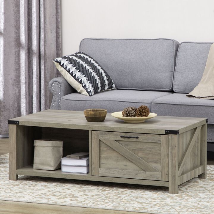 Farmhouse Coffee Table with Storage and Drawer, Rustic Coffee Table for Living Room, Open Shelf, Grey Oak