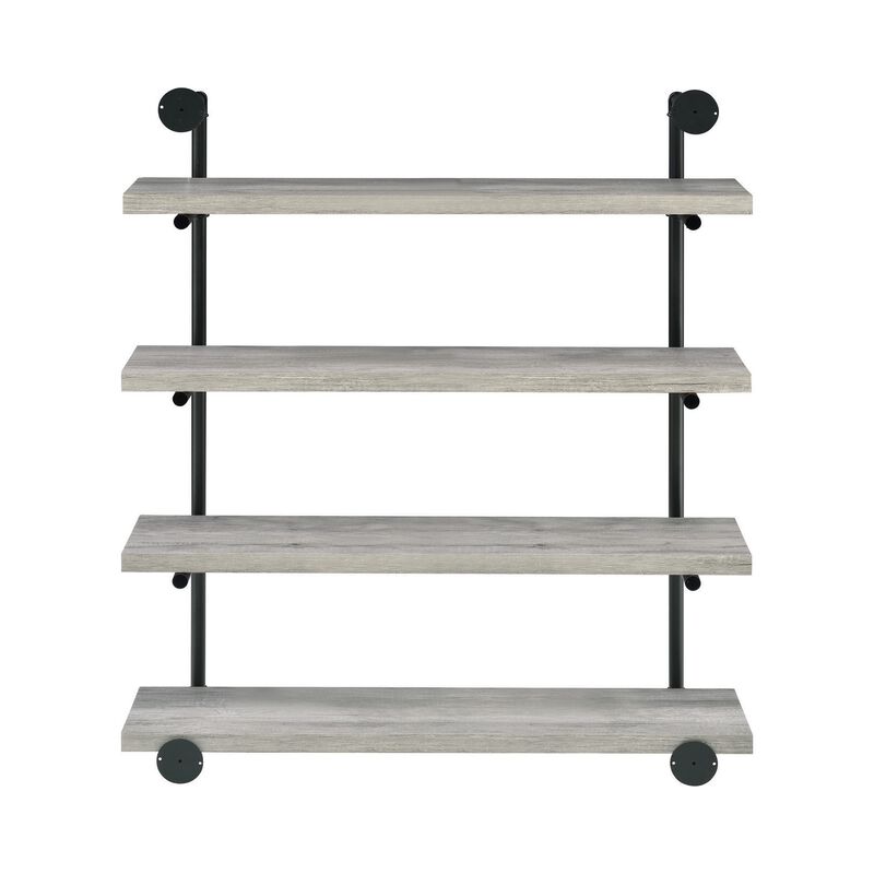46 Inch 4 Tier Metal and Wooden Wall Shelf, Black and Gray - Benzara
