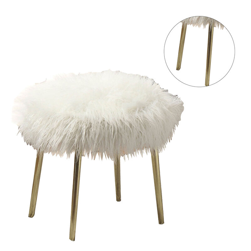 Faux Fur Upholstery Ottoman in White and Gold