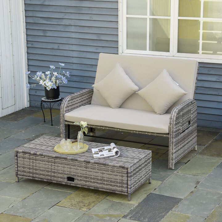 Grey 2 Seater Patio Wicker Lounge Sofa Set, Outdoor PE Rattan Garden Assembled Sun Lounger Daybed Furniture, w/ Storage Footstool & Side Tables