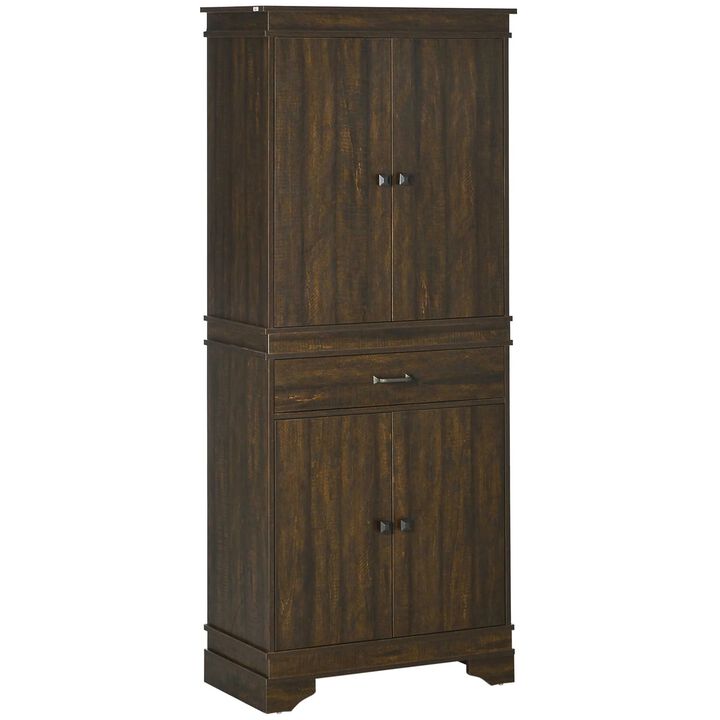 72" 4-Door Kitchen Pantry with Drawer and 3 Shelves, Walnut