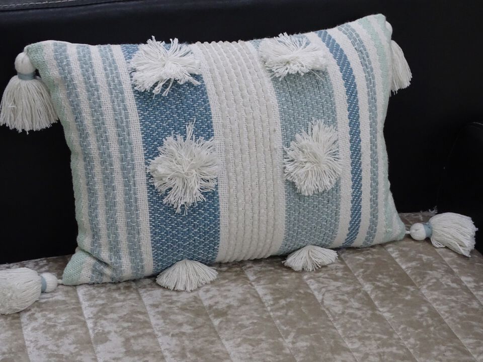 14"x20" Accent Pillow with Large Poms and Corner Tassles