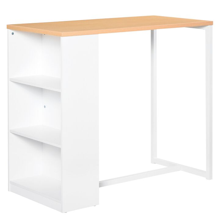 Bar Table with 3-Tier Storage Shelf, Pub Desk, Metal Frame, and Thick Tabletop for Kitchen, White