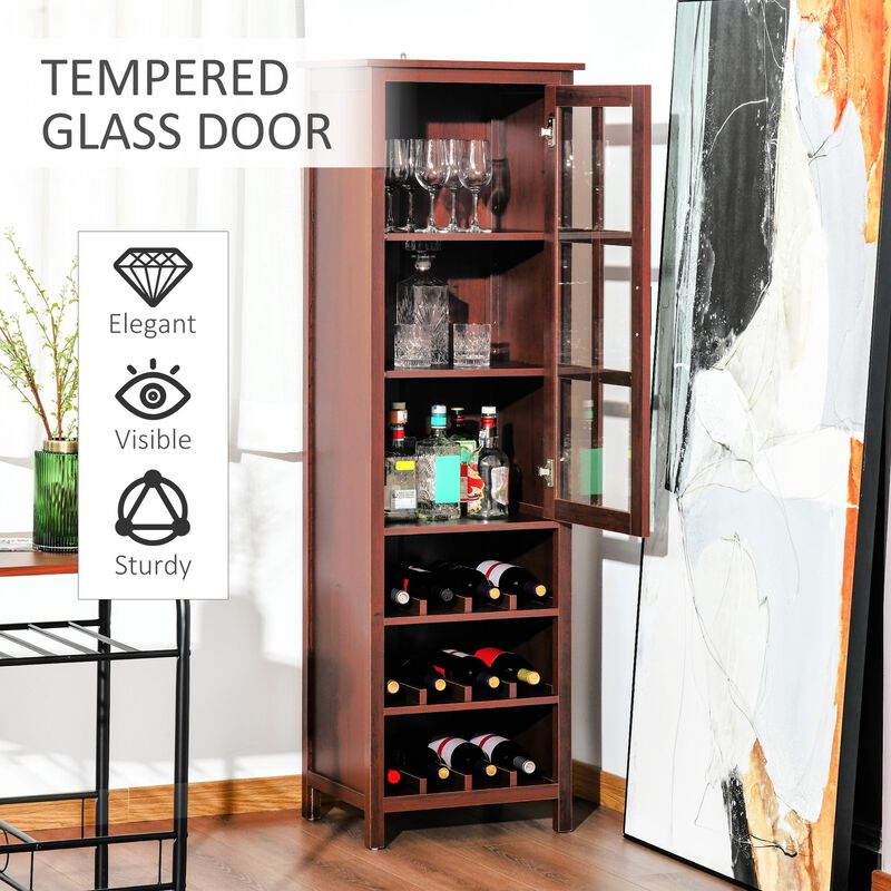 Tall Wine Cabinet, Bar Display Cupboard with 12-Bottle Wine Rack, Glass Door and 3 Storage Compartment for Home Bar, Dining Room, Walnut
