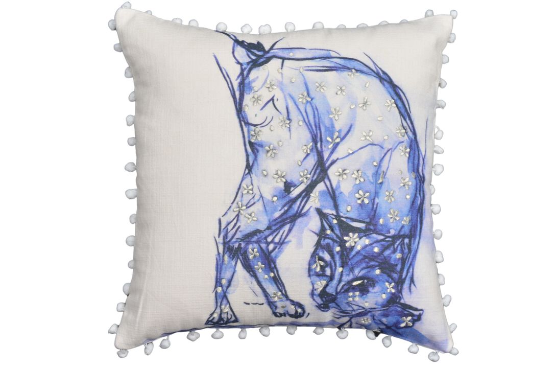 18"x18" Blue Decorative Pillow with Pom-Poms (Cat)