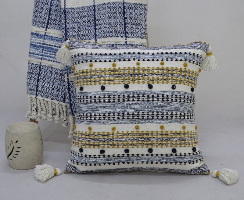 20"x20" Designer Striped Pillow with Mini Poms and Tassels