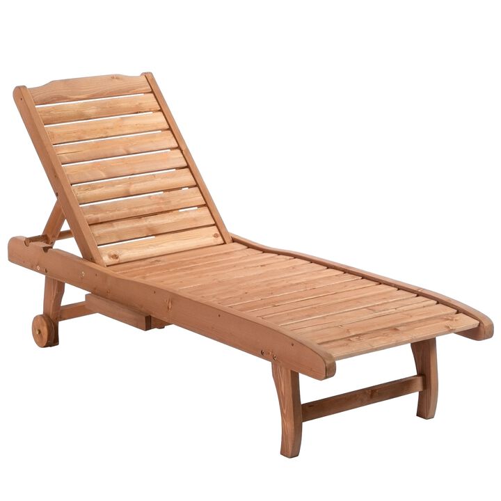 Outdoor Sun Lounger, Wooden Chaise Lounge Chair with 3-Position Backrest, Pull-Out Tray & Wheels, for Beach, Poolside and Patio