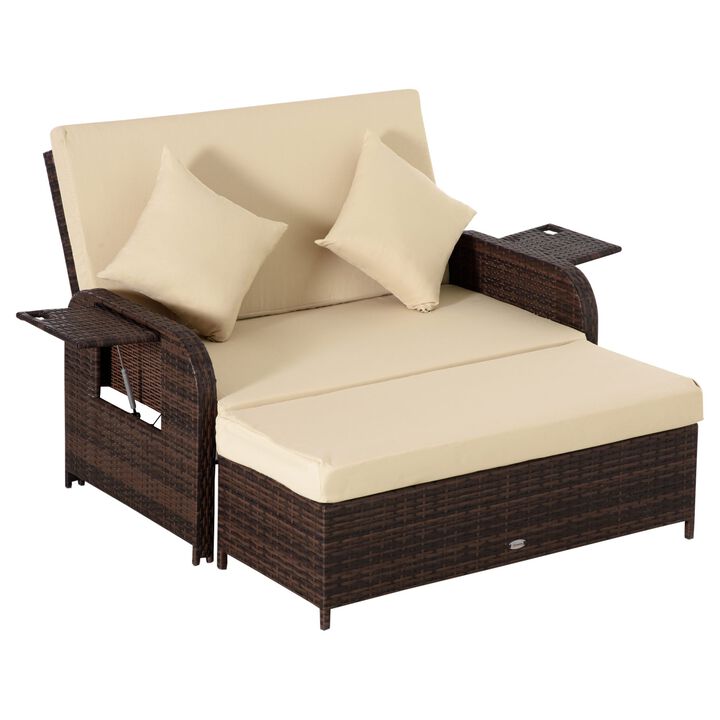 Patio Wicker Lounge Sofa Set, 2 Seater , Outdoor PE Rattan Garden Assembled Sun Lounger Daybed Furniture, w/ Storage Footstool & Side Tables