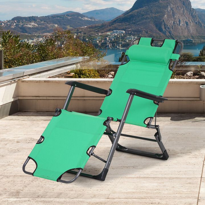 Folding Lounger Chair Metal Frame Outdoor Pool Sun Lounger Curved Reclining Chair 120Â° /180Â° W/ Head Pillow Green