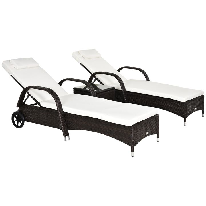 3 Pieces Patio Wicker Chaise Lounge Chair Set Adjustable PE Rattan Cushioned Lounge Set of 2 with Armrests, Side Table & Moving Wheels, Brown