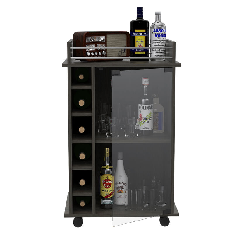 DEPOT E-SHOP Huali Bar Cart, Six Built-in Wine Rack, Glass Door, Four Casters, Two Shelves, Carbon Espresso
