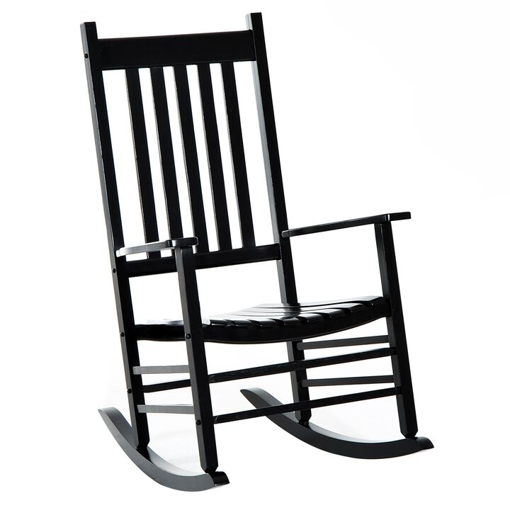 Outdoor Rocking Chair, Wooden Rustic High Back All Weather Rocker, Slatted for Indoor, Backyard & Patio, Black