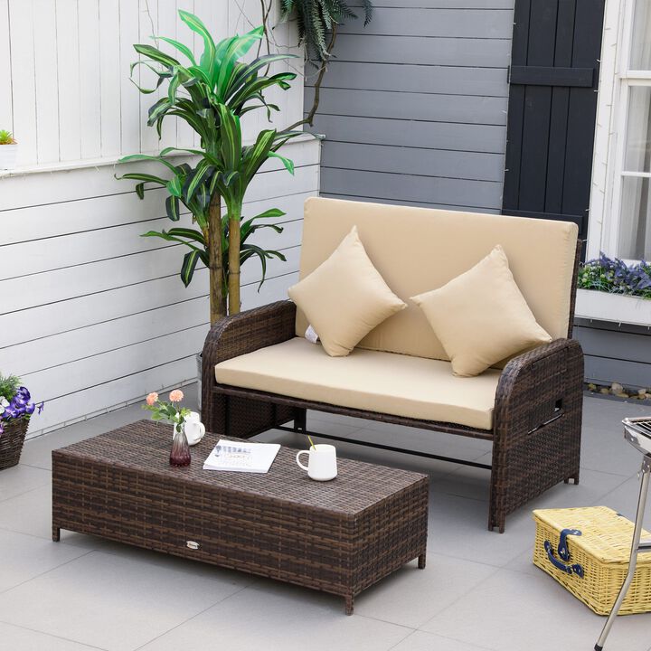 Patio Wicker Lounge Sofa Set, 2 Seater , Outdoor PE Rattan Garden Assembled Sun Lounger Daybed Furniture, w/ Storage Footstool & Side Tables